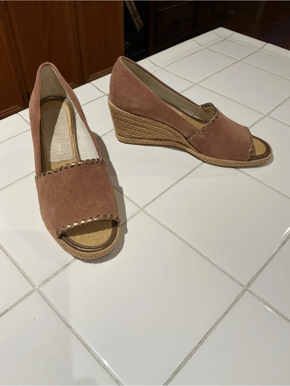 Jack Rogers Palmer Espadrille Wedge Sandals Rose Gold Suede Whipstitch Peep Toe